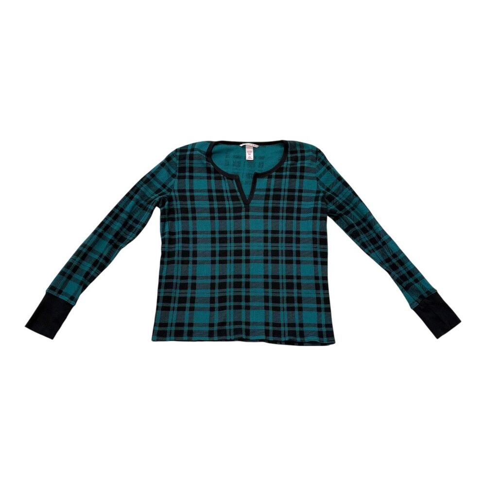 Victoria's Secret Teal Blue Green Plaid Notch Neck Long Sleeve Top Sz Medium EUC